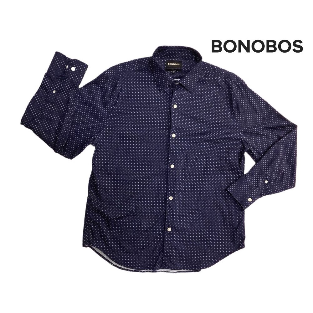 Bonobos Jetsetter Stretch Dress Shirt Navy Blue Micro Polka Dot - Large Short